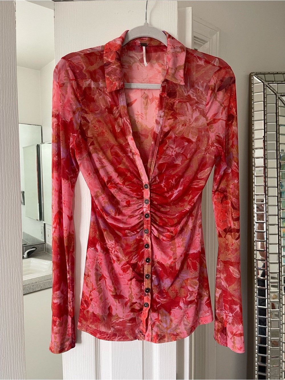Free People Red Floral Long-Sleeve Women’s Top